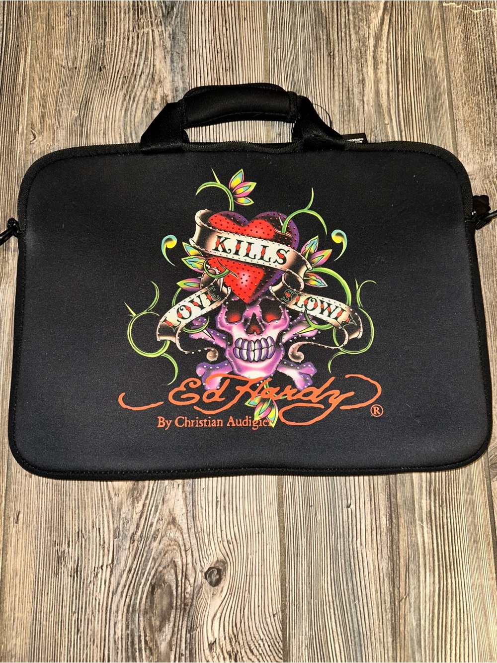 Ed Hardy Black Neoprene Sleeve with Colorful Skull & Heart Graphic Y2K Grunge